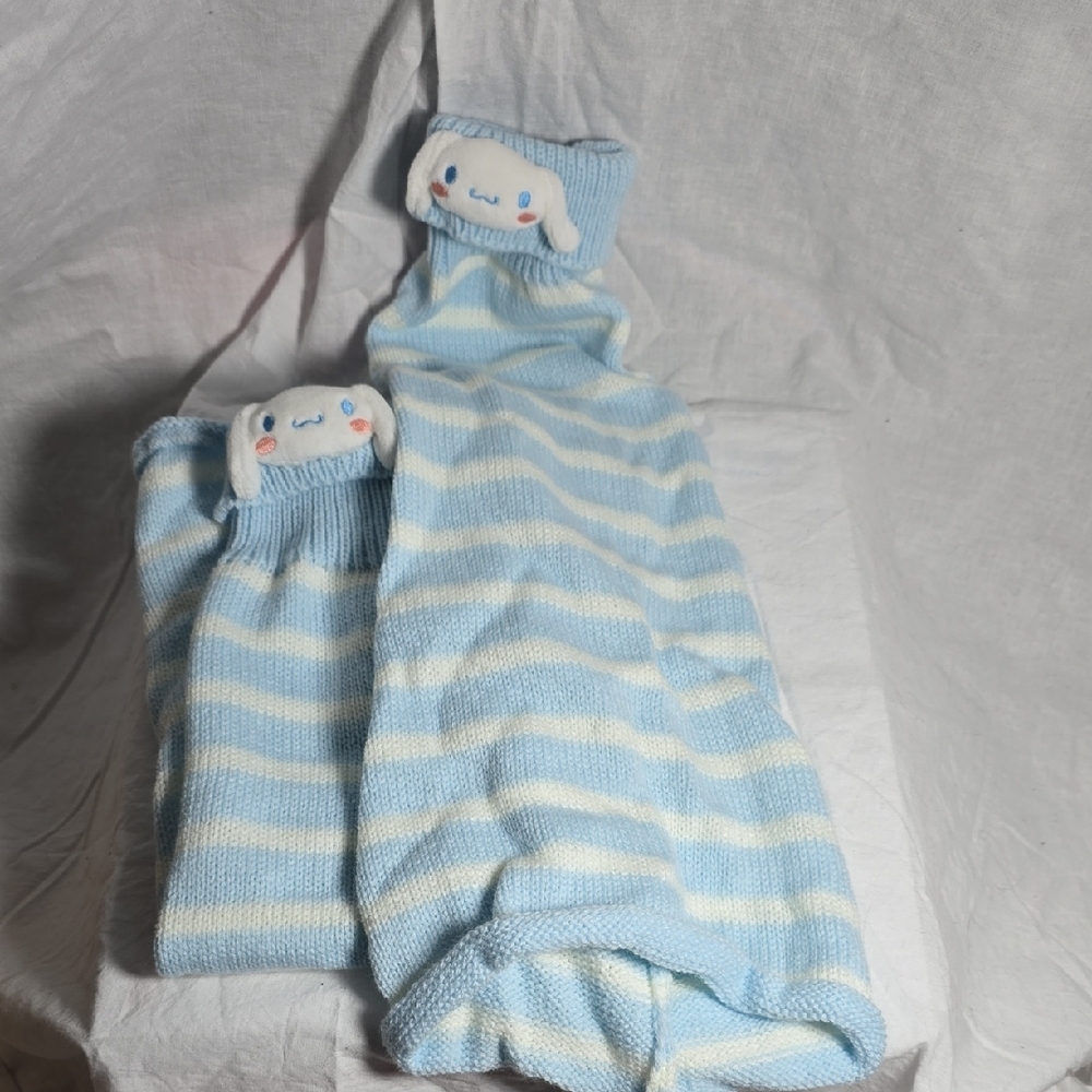Blue and White Striped Knit Blanket with Cute Character